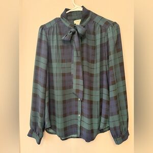 J. Crew Green and Navy Checkered Blouse with Neck Tie Size MP